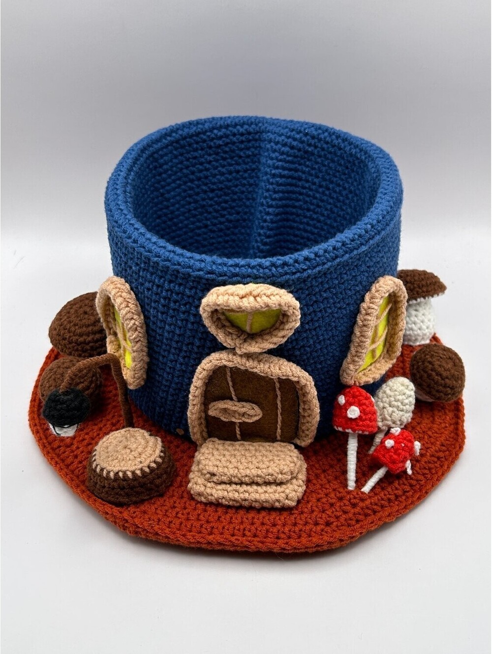 Handmade Crochet Fairy House Basket Cottagecore Mushrooms Toadstools Blue